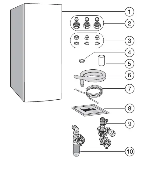 Junkers Pufferspeicher mit Anschlusszubehör, einschließlich Ventilen, Rohren und einem Informationen-Schild, dargestellt in technischem Diagrammstil. Marke Bosch sichtbar.